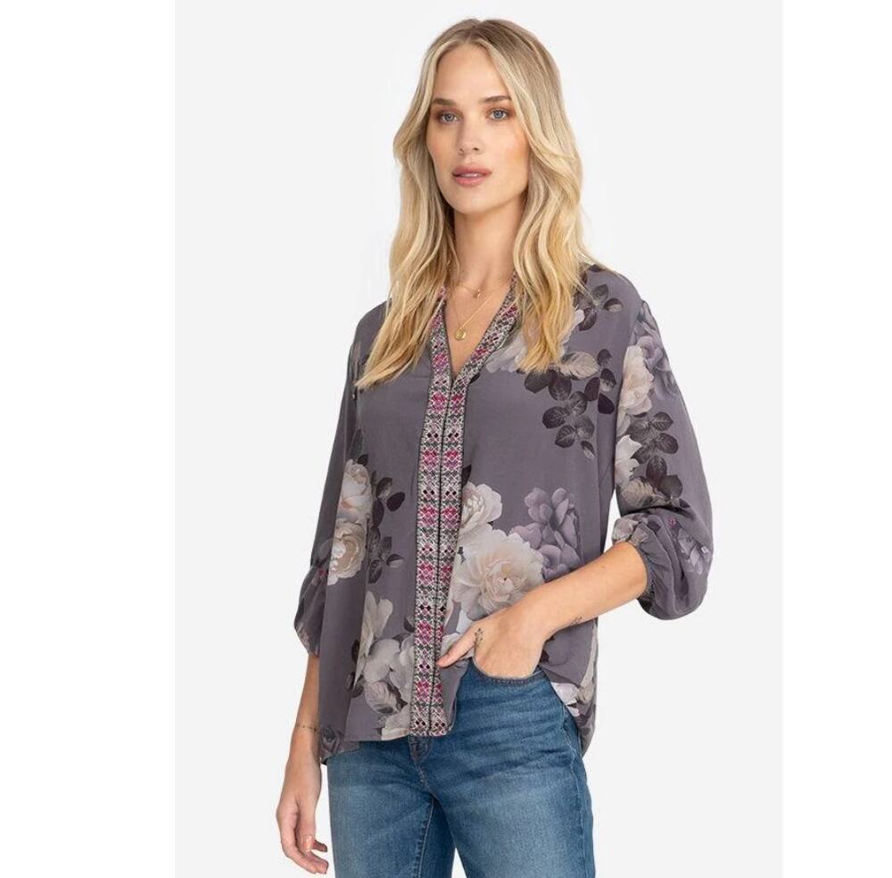 Johnny Was Paris Effortless Silk Gray Blouse Women's NWT Size XS